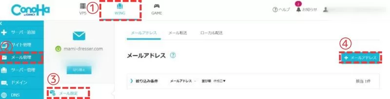 CONOHA WING メールアドレス取得方法